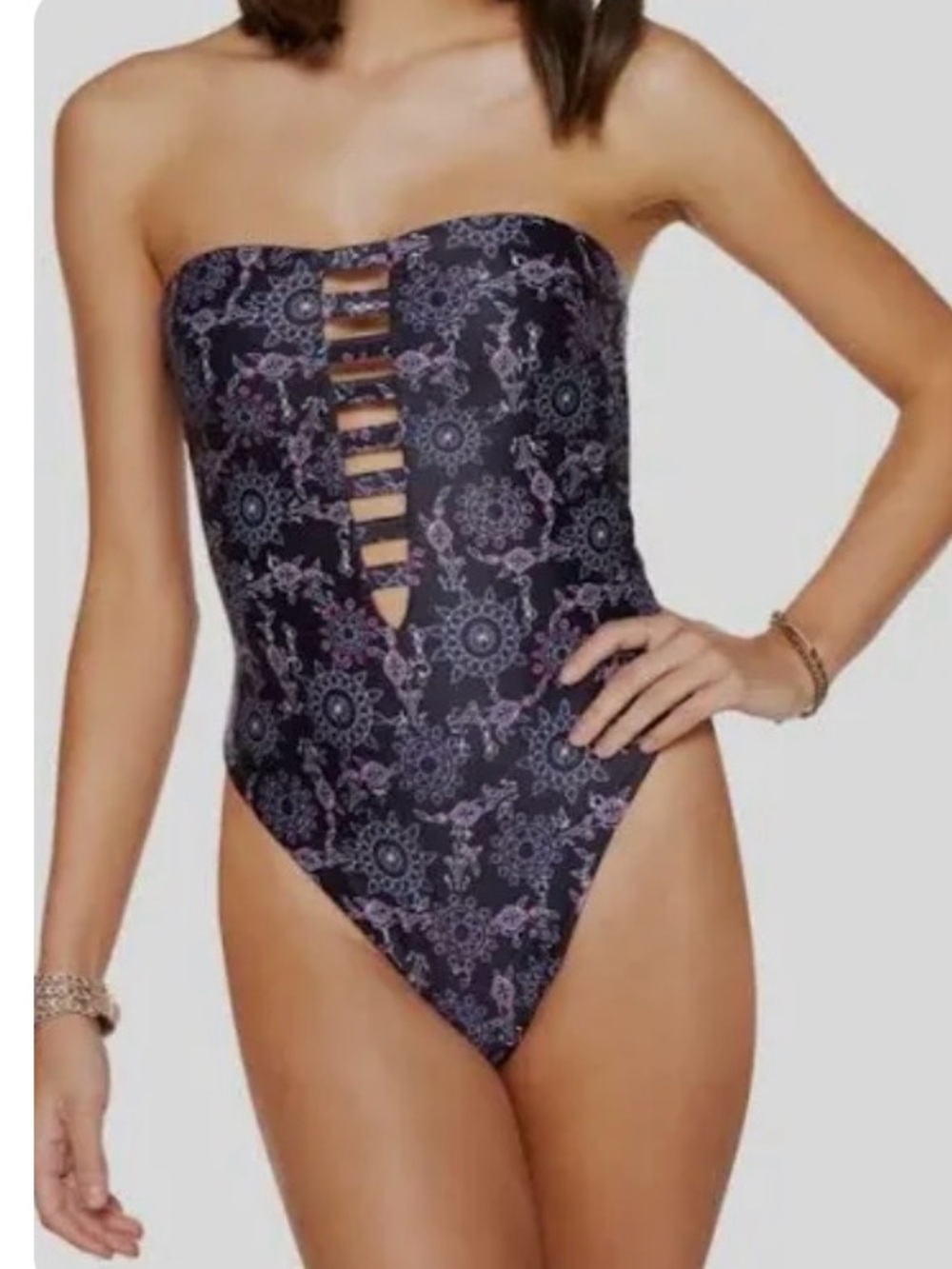 $238 Ramy Brook Women's Black Printed Posey Strapless One Piece Swimsuit Size S